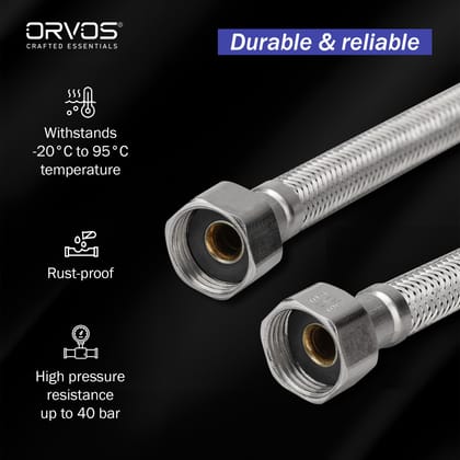 Orvos Connection Pipe 24 Inches Premium 304 Stainless Steel for Hot & Cold Supply To Geysers, Sinks, Basins and Flush Tanks, Set of 2