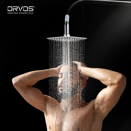 Orvos Overhead Shower, Kosi, modern curved design, with touch clean nozzles, Hiqh quality Stainless Steel, with salt tested chrome plating, 6x6 inches, for high end luxury bathrooms