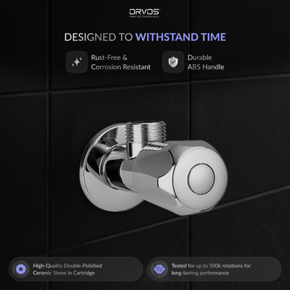 Orvos Angle Valve, Hexagonal, Premium 304 Stainless Steel Chrome Plated Body with Full Brass Cartridge Inside, Set of 1, for Hot & Cold Supply to Geysers, Sinks, Basins and Flush Tanks