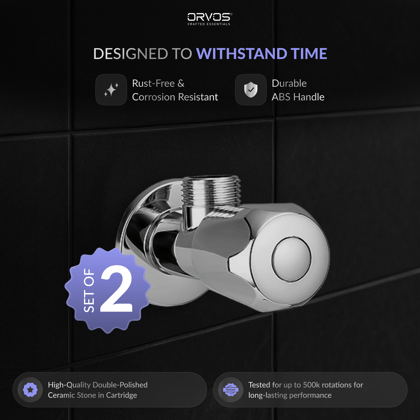 Orvos Angle Valve, Hexagonal, Premium 304 Stainless Steel Chrome Plated Body with Full Brass Cartridge Inside, Set of 2, for Hot & Cold Supply to Geysers, Sinks, Basins and Flush Tanks