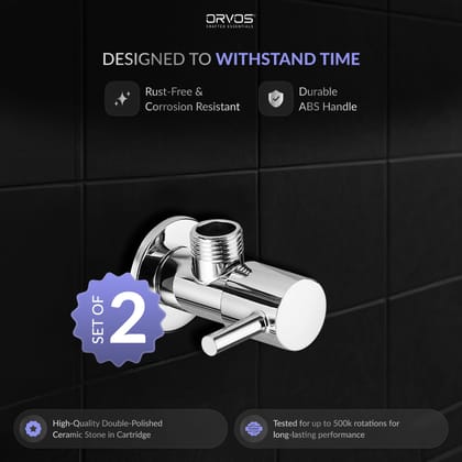 Orvos Angle Valve, Rounded, Premium 304 Stainless Steel Chrome Plated Body with Full Brass Cartridge Inside, Set of 2, for Hot & Cold Supply to Geysers, Sinks, Basins and Flush Tanks